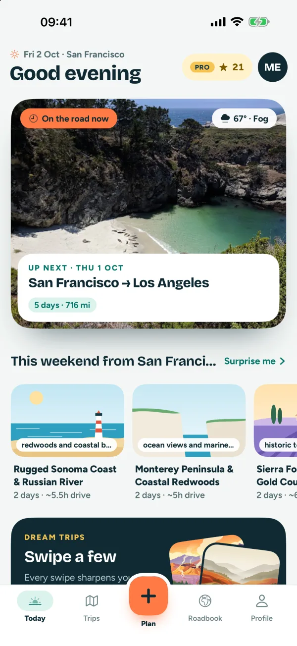 HitTheRoad Today screen with the next trip, prep progress and weekend ideas