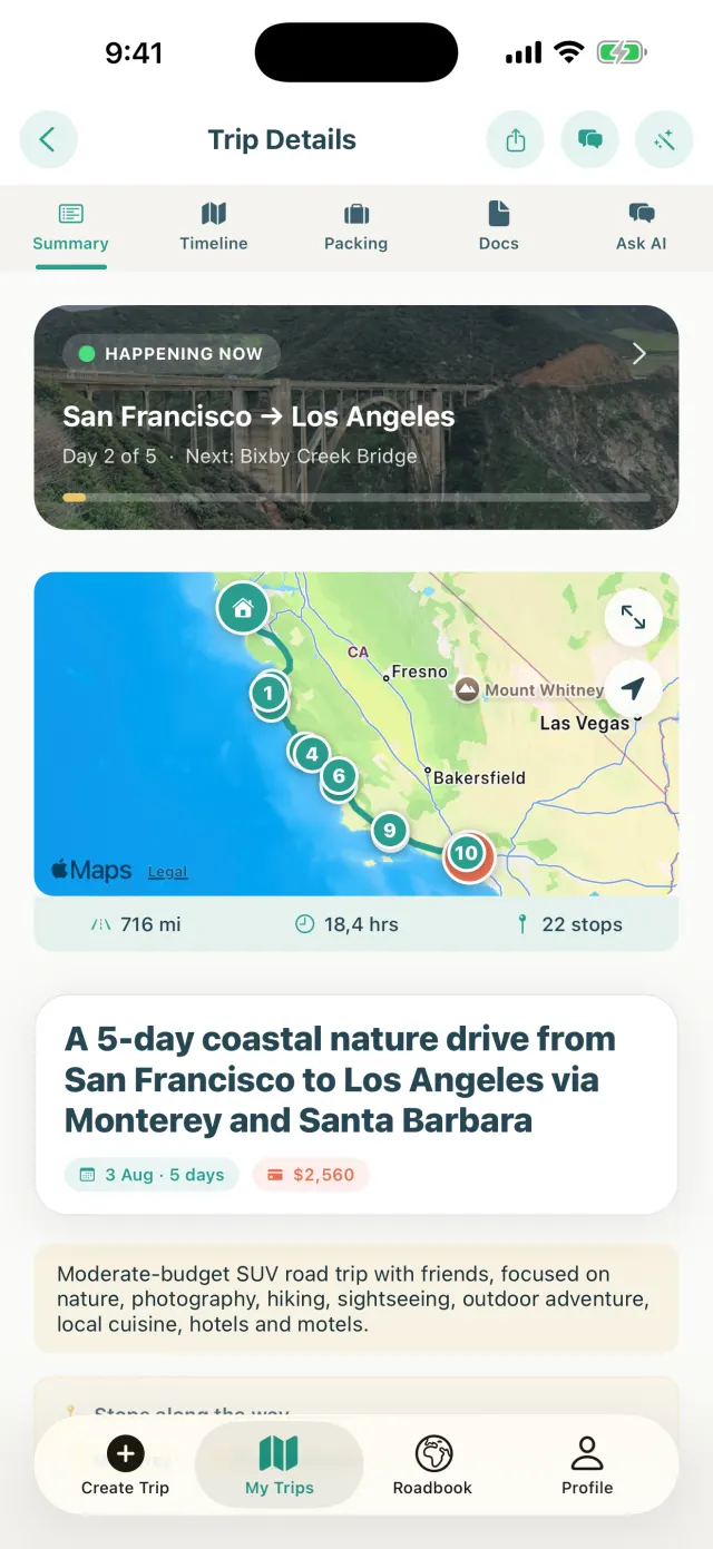 Trip summary with the full route on a map, from San Francisco to Los Angeles
