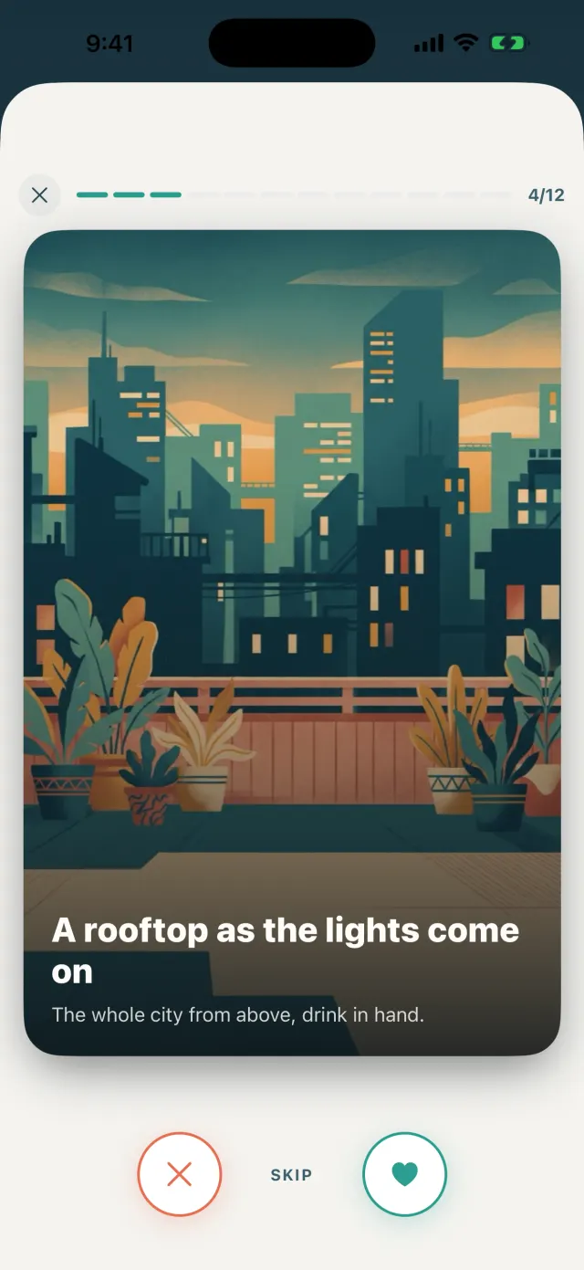 HitTheRoad travel taste screen: swipeable cards asking whether hidden waterfalls are your kind of stop