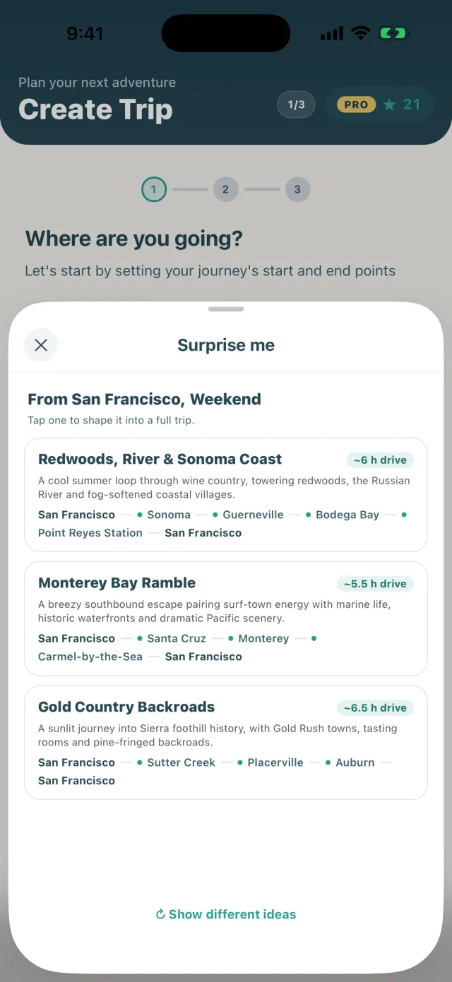 HitTheRoad Surprise me screen suggesting weekend road trip loops around your home city