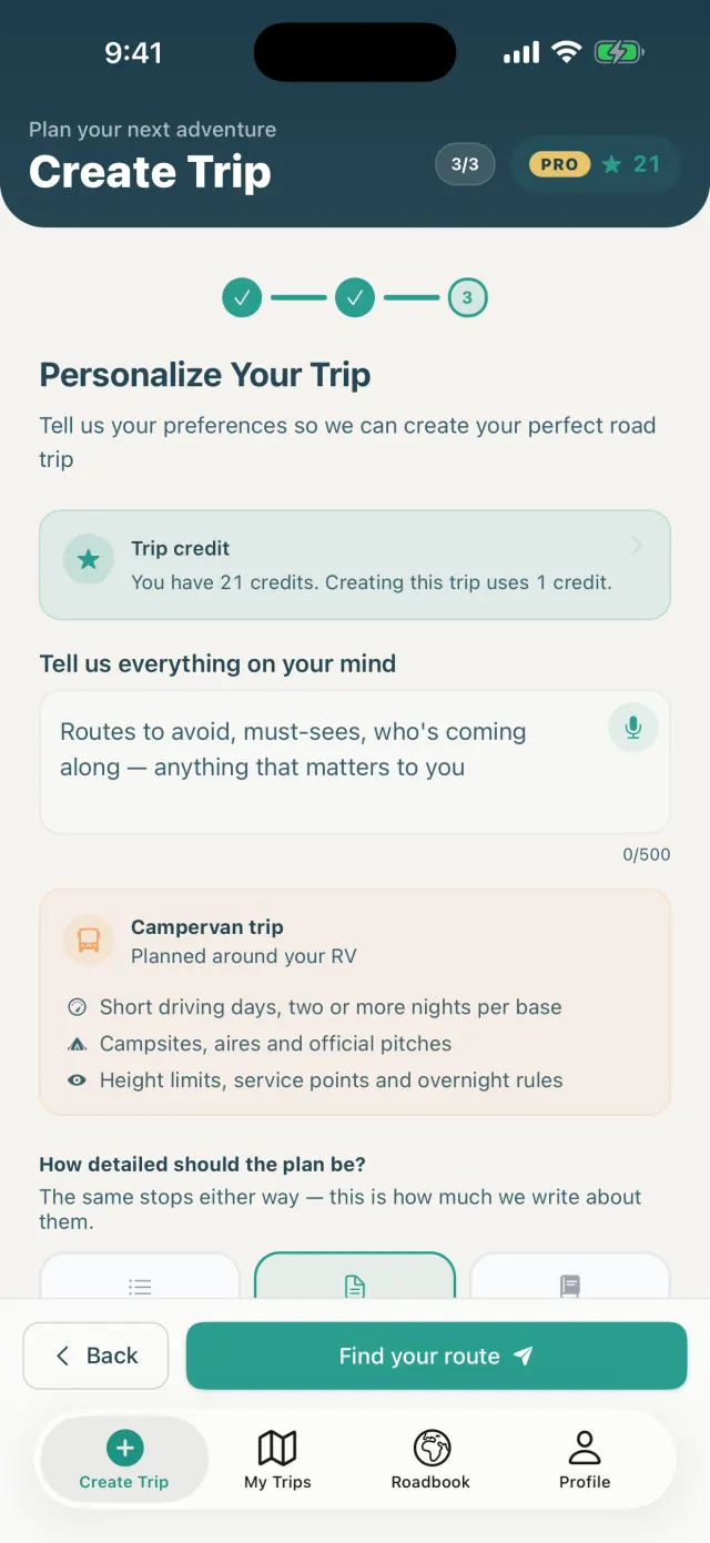 HitTheRoad trip wizard with a camper van selected, tailoring the plan to the vehicle