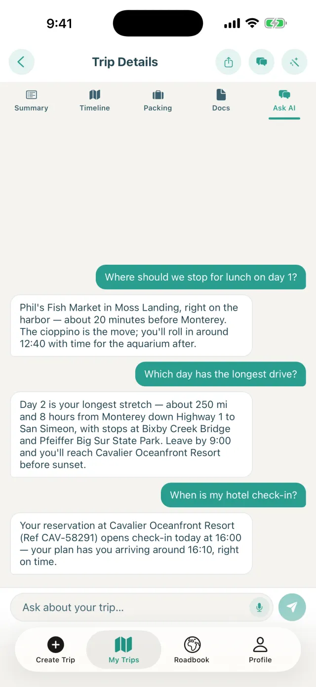 Trip chat where the AI answers questions about bookings and reshapes the plan