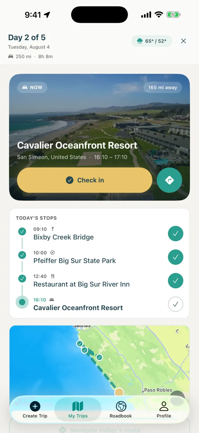Live trip mode showing the next stop, distance and check-in button