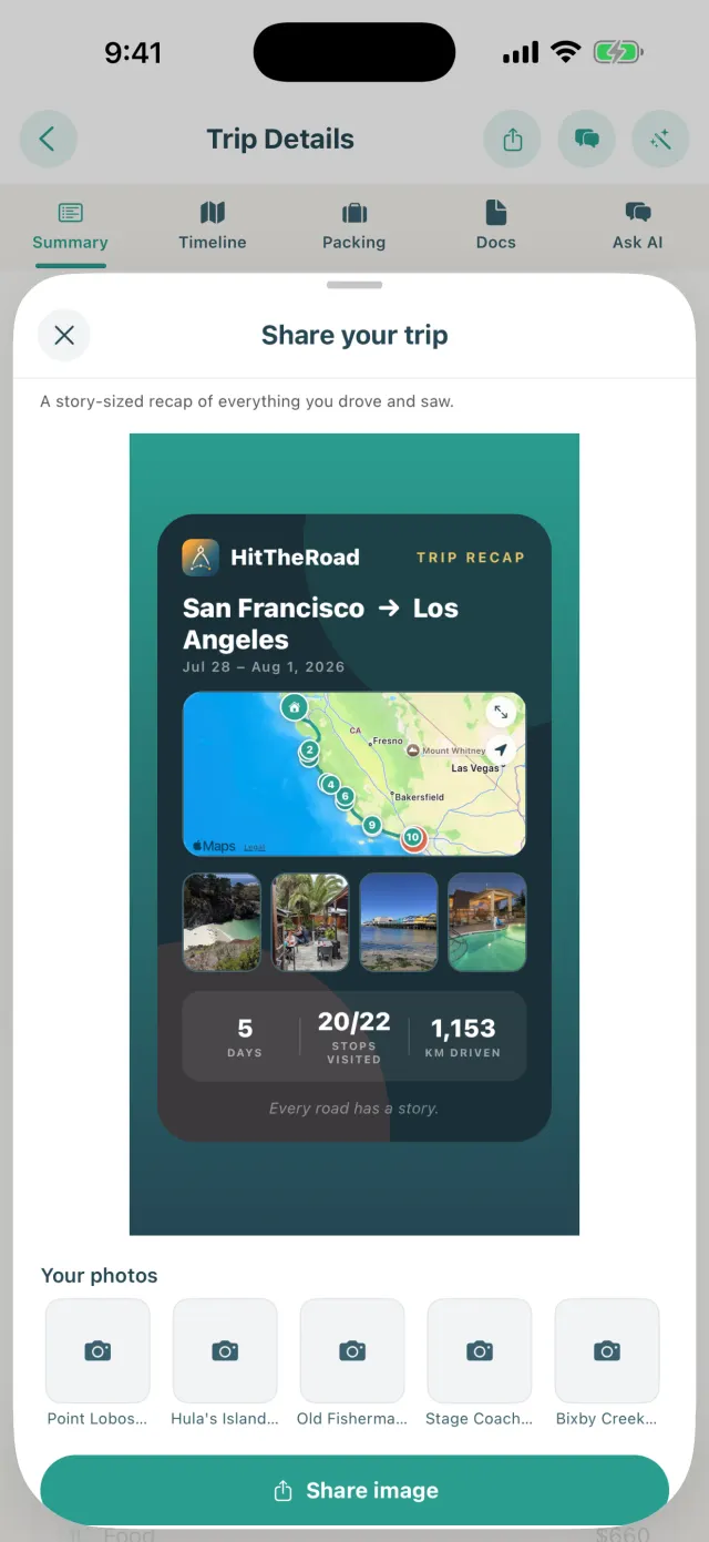 Story-sized trip recap with route map and stats, ready to share