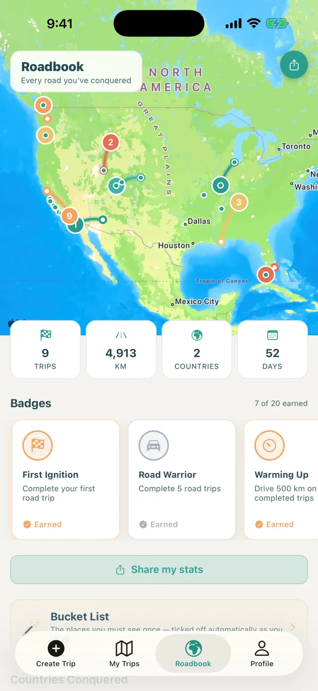 Roadbook screen collecting badges, countries and miles from finished trips